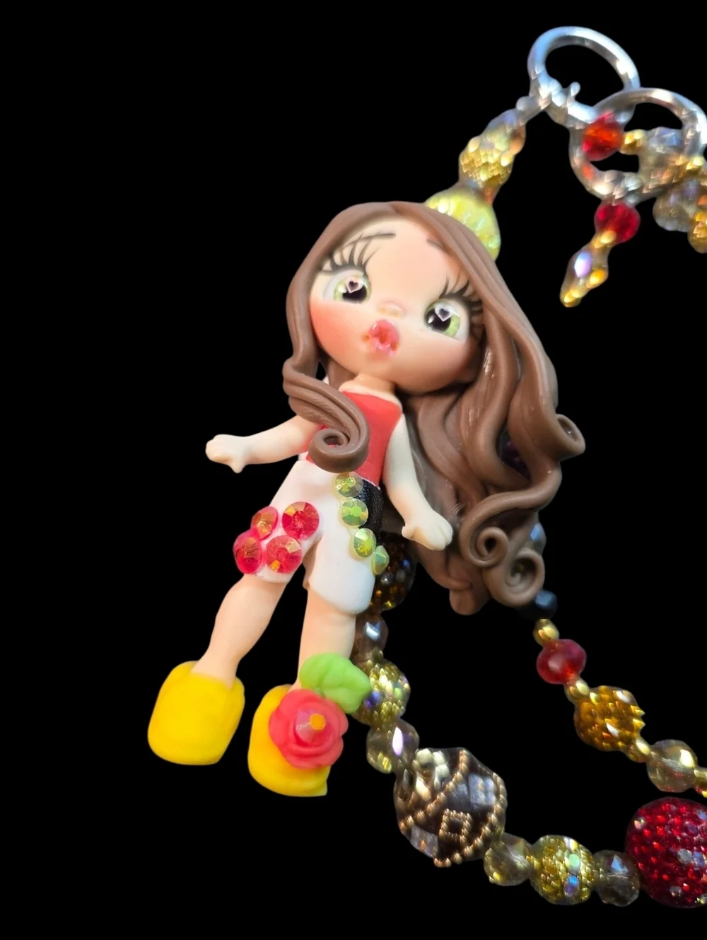 Handmade Custom Bag Charm | Artisan Clay Doll & Crystal Beaded Keychain